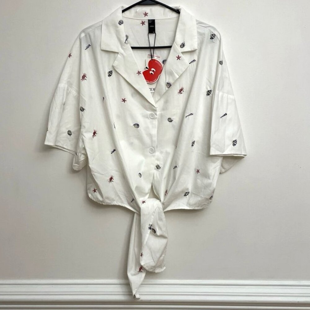 Cider Blouse Top Size 1XL Beach Novelty Print Embroidered Crab Starfish Seashell